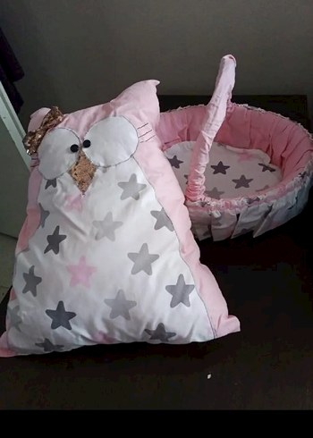 Pembe Yumuşak Baykuş Desenli Bebek Sepeti ve Yastık
