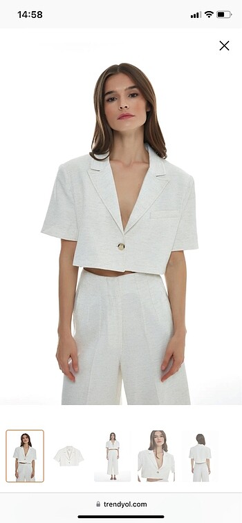 Quzu Keten Crop Blazer Ceket Kemik