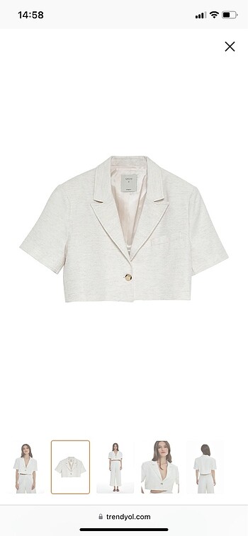 m Beden Quzu Keten Crop Blazer Ceket Kemik