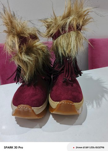 Bordo Süet Kürklü Kadın Dolgu Topuk Bot - Görsel 2