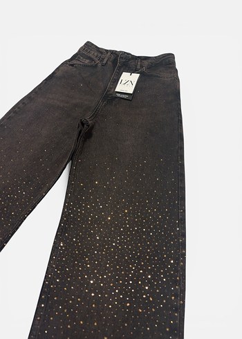 Taşlı kahverengi wideleg kot pantalon jean - Görsel 3