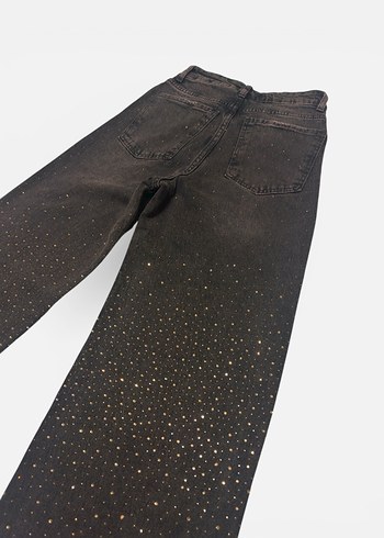 Taşlı kahverengi wideleg kot pantalon jean - Görsel 6