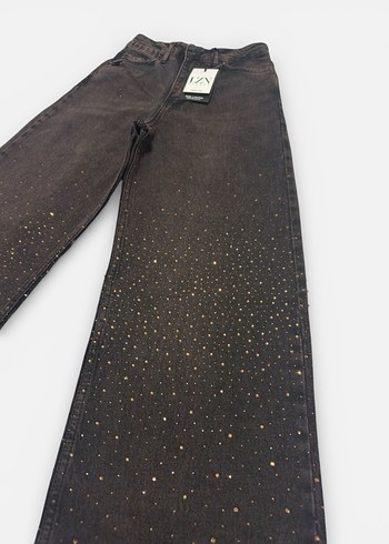 Taşlı kahverengi wideleg kot pantalon jean - Görsel 2