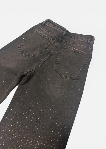 Taşlı kahverengi wideleg kot pantalon jean - Görsel 5