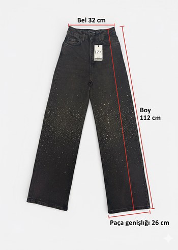 Taşlı kahverengi wideleg kot pantalon jean - Görsel 4