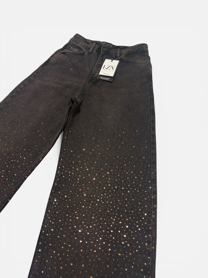 Taşlı kahverengi wideleg kot pantalon jean - Görsel 3