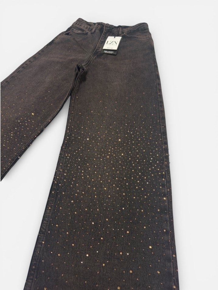 Taşlı kahverengi wideleg kot pantalon jean - Görsel 2