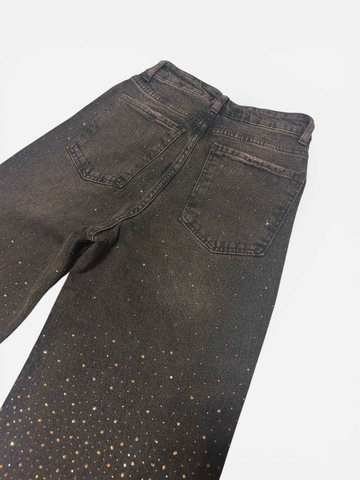 Taşlı kahverengi wideleg kot pantalon jean - Görsel 5