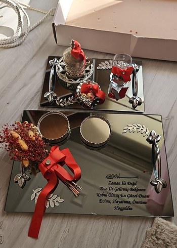 Bordo Çiçek Desenli Bohem nişan Tepsi Seti - Görsel 5