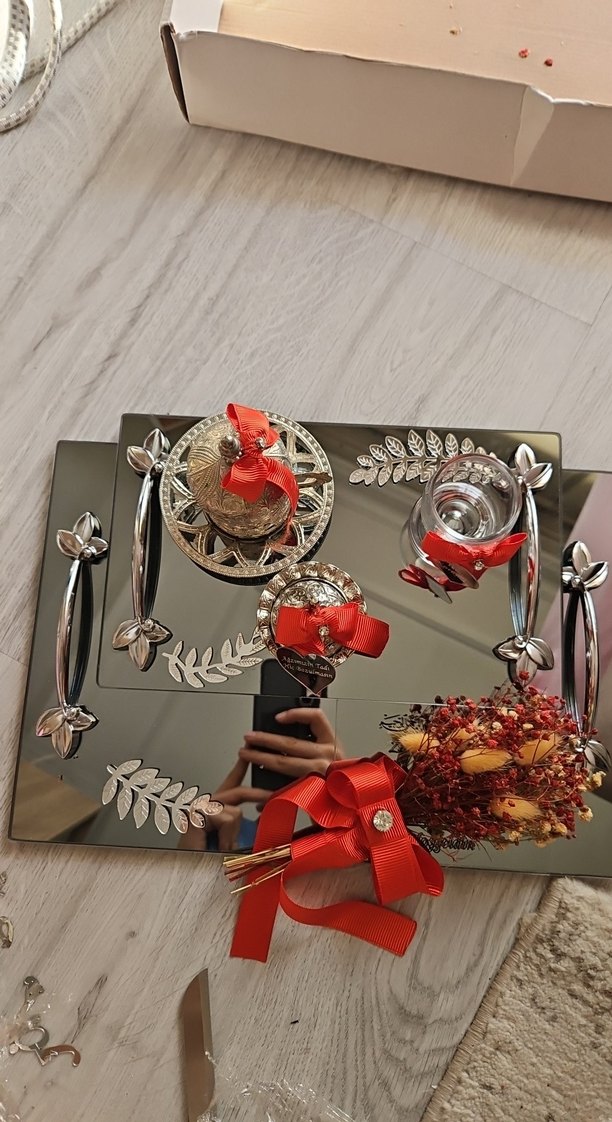 Bordo Çiçek Desenli Bohem nişan Tepsi Seti - Görsel 3