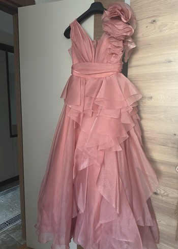 Pembe Uzun Kat Katlı Kadın Abiye Elbise - Görsel 2