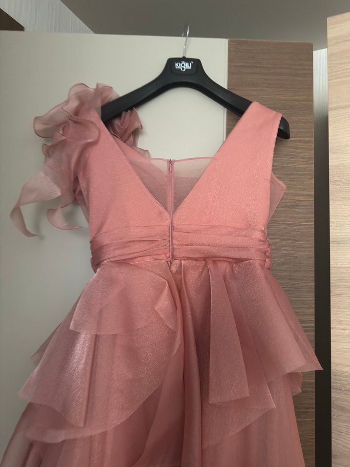 Pembe Uzun Kat Katlı Kadın Abiye Elbise - Görsel 4