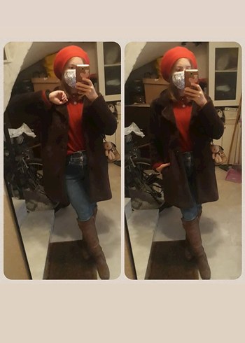 Kahverengi Kürklü Midi Koton Kaban - Görsel 10