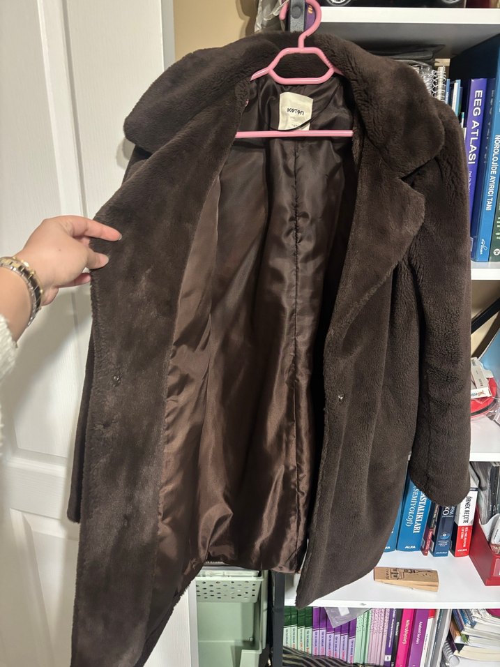 Kahverengi Kürklü Midi Koton Kaban - Görsel 3