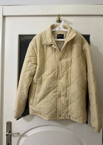 Bej Düğmeli Keten Kapitone mont - Görsel 2