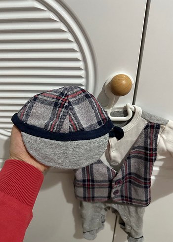 Gri Erkek Bebek Uzun Kollu Tulum şapka takımı - Görsel 2