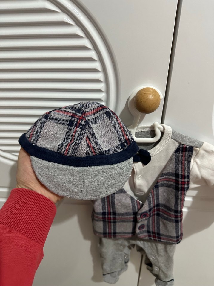 Gri Erkek Bebek Uzun Kollu Tulum şapka takımı - Görsel 2