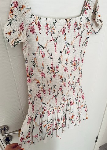 H&M Nakışlı Beyaz Mini Elbise - Görsel 3