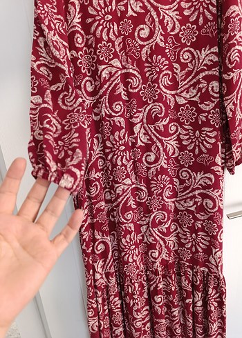 Bordo Uzun Kollu Vintage Kadın Elbise - Görsel 5