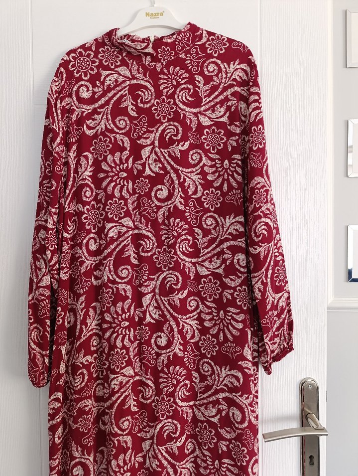 Bordo Uzun Kollu Vintage Kadın Elbise - Görsel 3