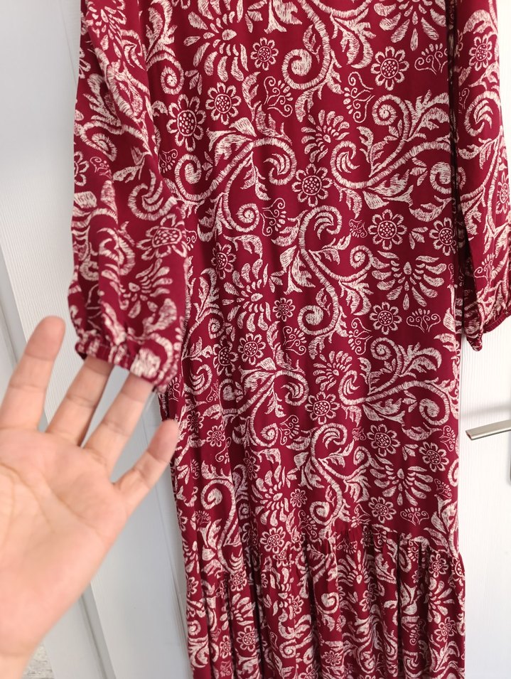 Bordo Uzun Kollu Vintage Kadın Elbise - Görsel 5