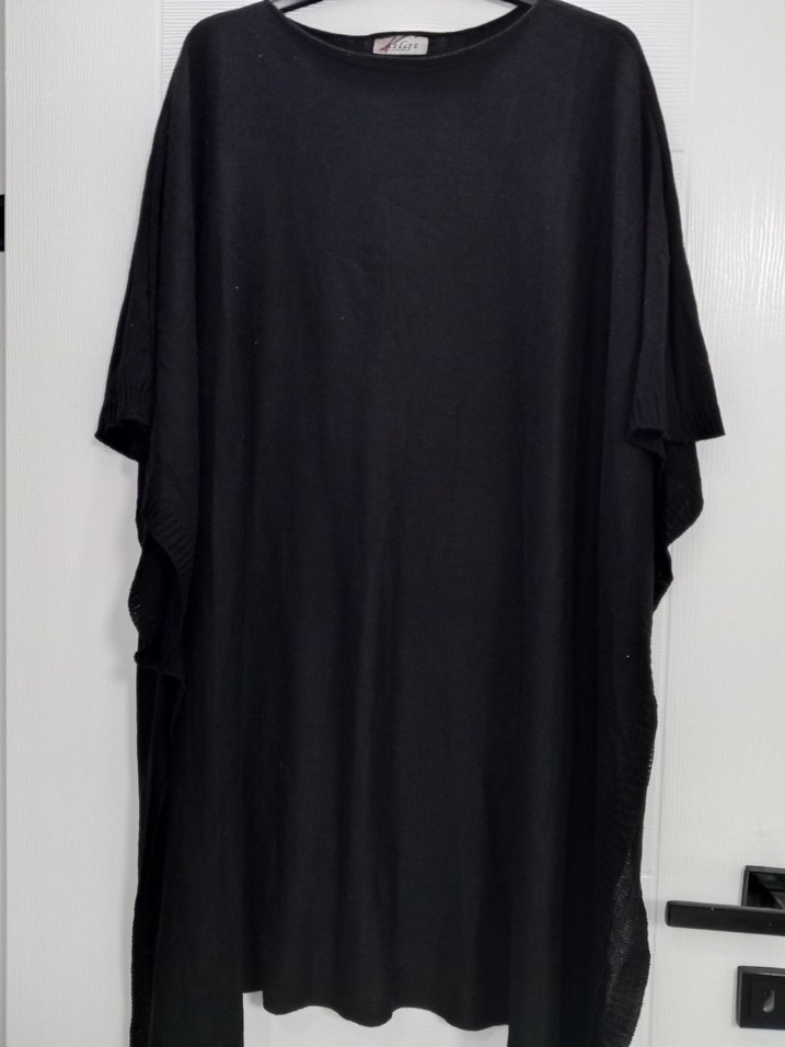 Siyah Keten Salaş Midi panço tarzında - Görsel 3