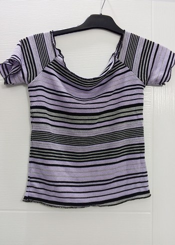 Kısa Kollu, Kayık Yaka, Pilili Mor Bluz - Görsel 2