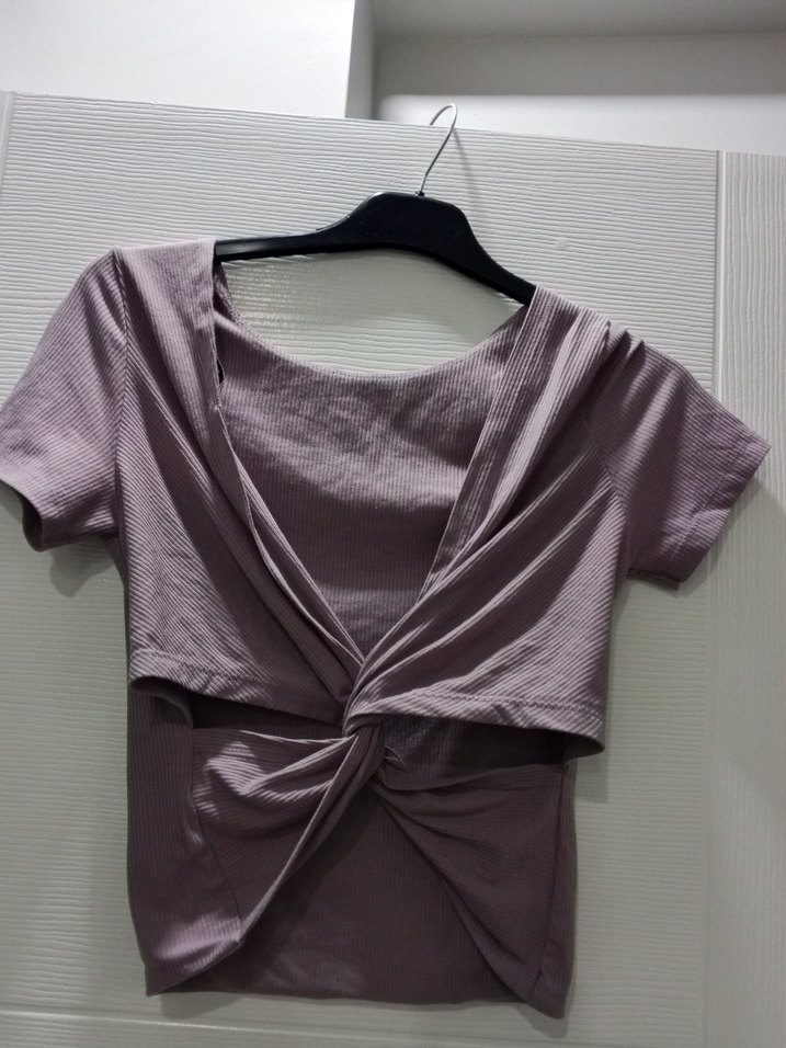 Kısa Kollu V Yaka Pliseli Crop Top - Görsel 2