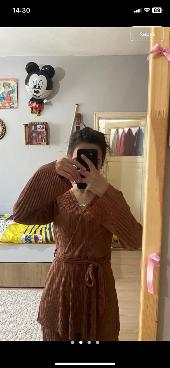 V Yaka Kahverengi Kadın  Takım - Görsel 2