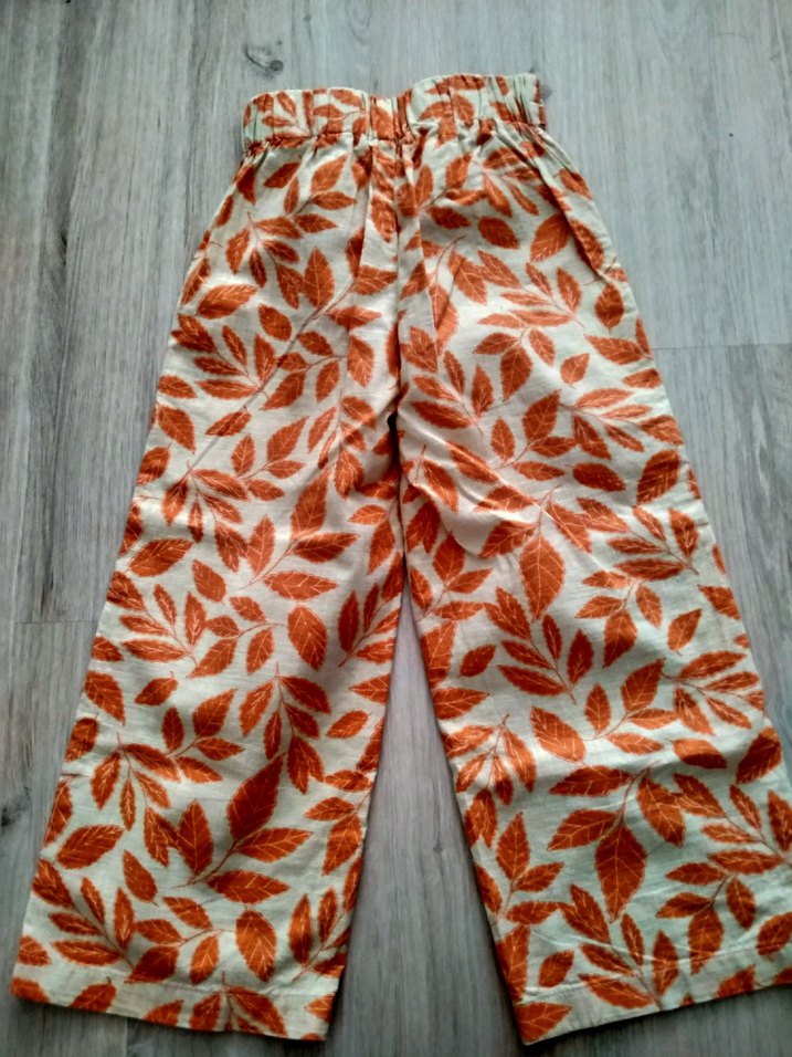 Turuncu Yaprak Desenli Bol Kesim Keten mm Kumaş Pantolon - Görsel 2