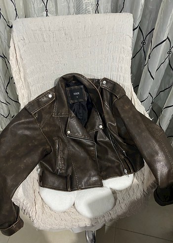 Kahverengi Kadın Deri Biker Ceket