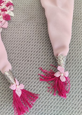 Püsküllü Pembe Bohem Örgü Kadın Fular - Görsel 3