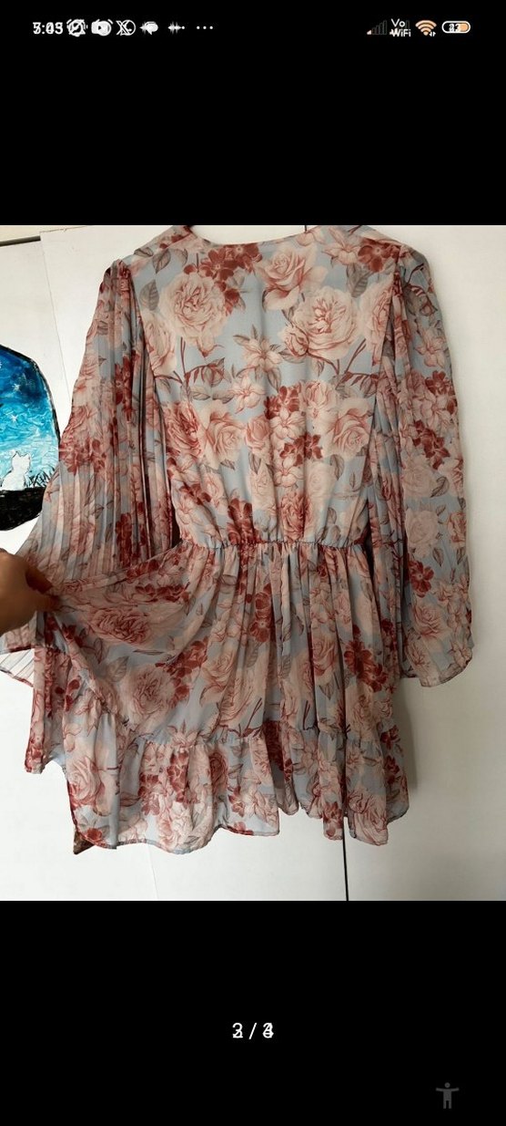 Bohem V Yaka Uzun Kollu Mini Elbise - Görsel 2