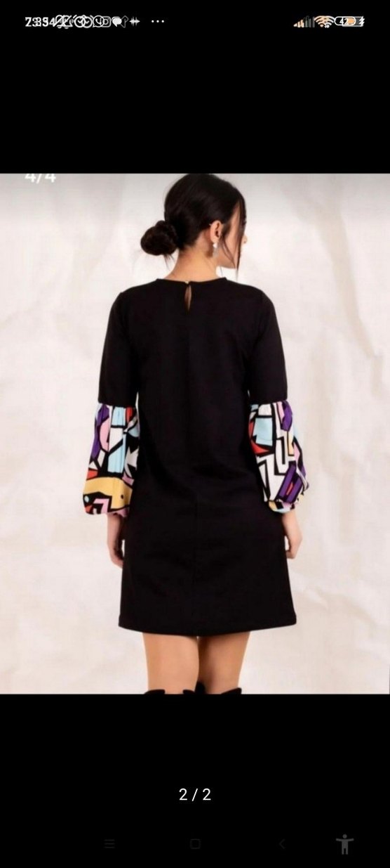 Desenli Kol Detaylı Siyah Uzun Elbise - Görsel 2