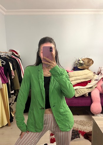 Zara Yesil Kadin Keten Blazer Ceket