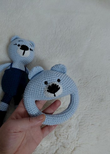 Mavi Gri Örgü Diş Kaşıyıcı ve Oyuncak Seti - Görsel 4