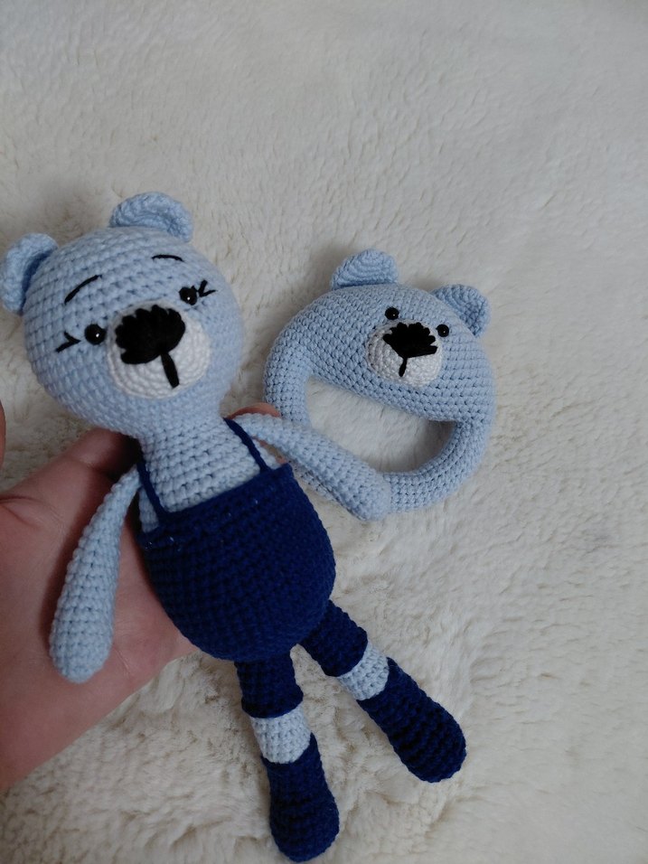 Mavi Gri Örgü Diş Kaşıyıcı ve Oyuncak Seti - Görsel 3