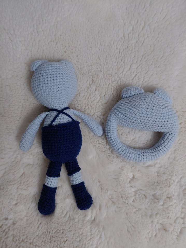 Mavi Gri Örgü Diş Kaşıyıcı ve Oyuncak Seti - Görsel 2