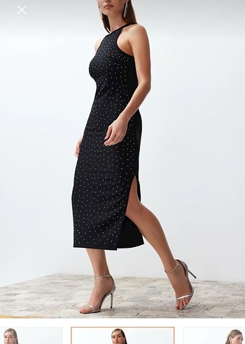 Taş İşlemeli Siyah Uzun Kalem Elbise - Görsel 2