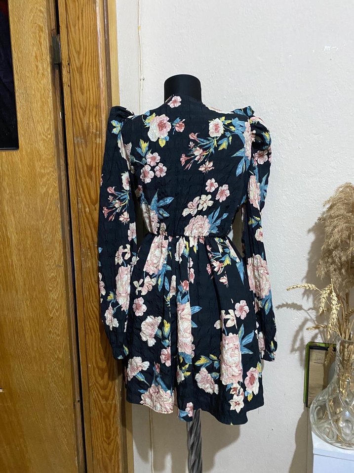 Çiçek Desenli Uzun Kollu Mini Elbise - Görsel 2