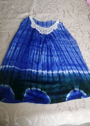 Mavi Batik Desenli Bohem Uzun Kadın bluz