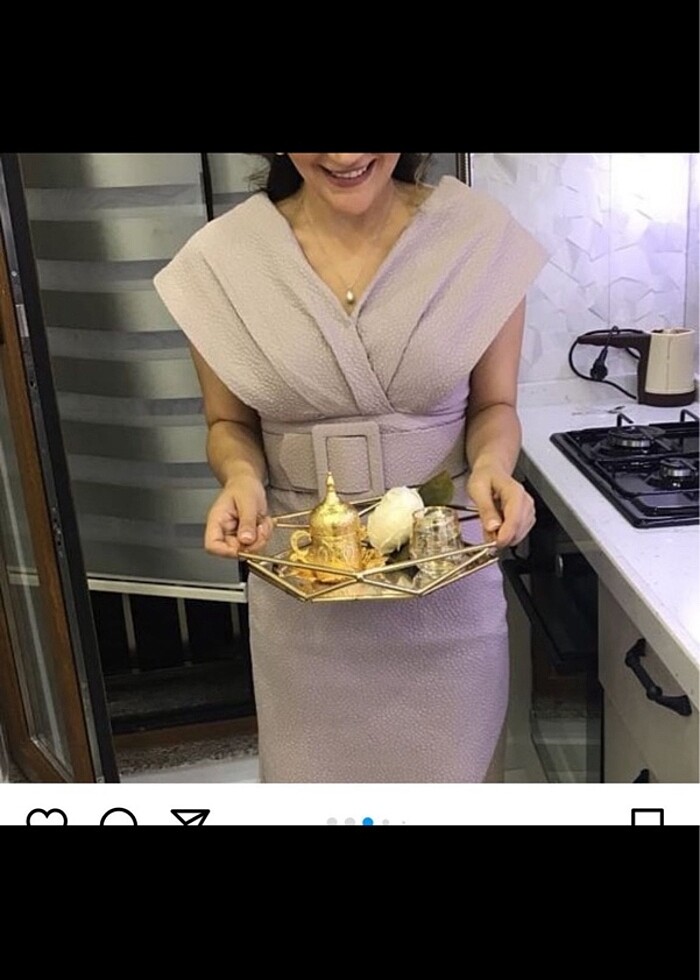 Pudra midi boy kısa kol kemerli davet elbisesi - Görsel 2