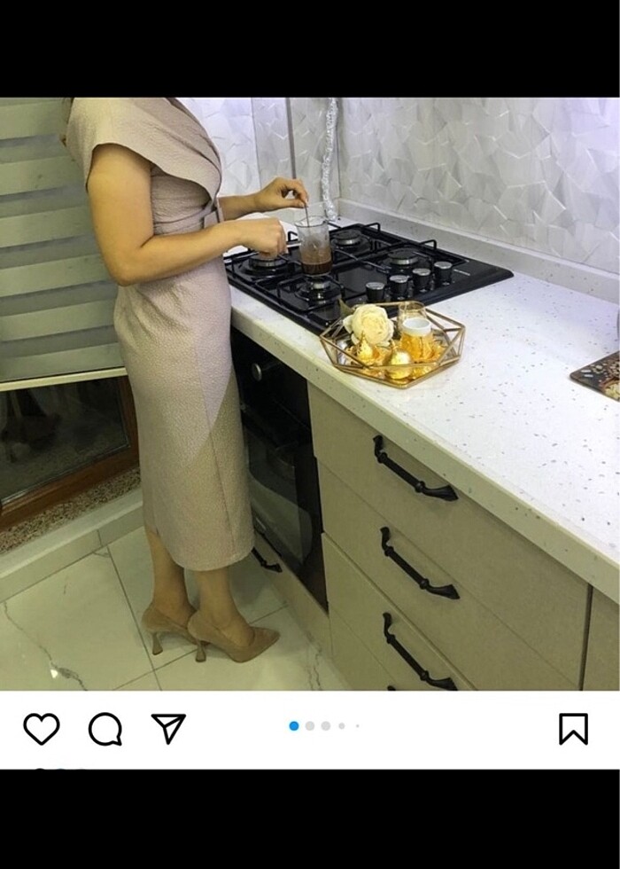 Pudra midi boy kısa kol kemerli davet elbisesi - Görsel 3