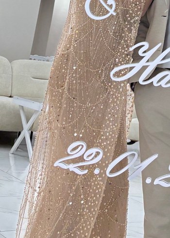 İnci İşlemeli pelerinli ten rengi Uzun Abiye Elbise - Görsel 2