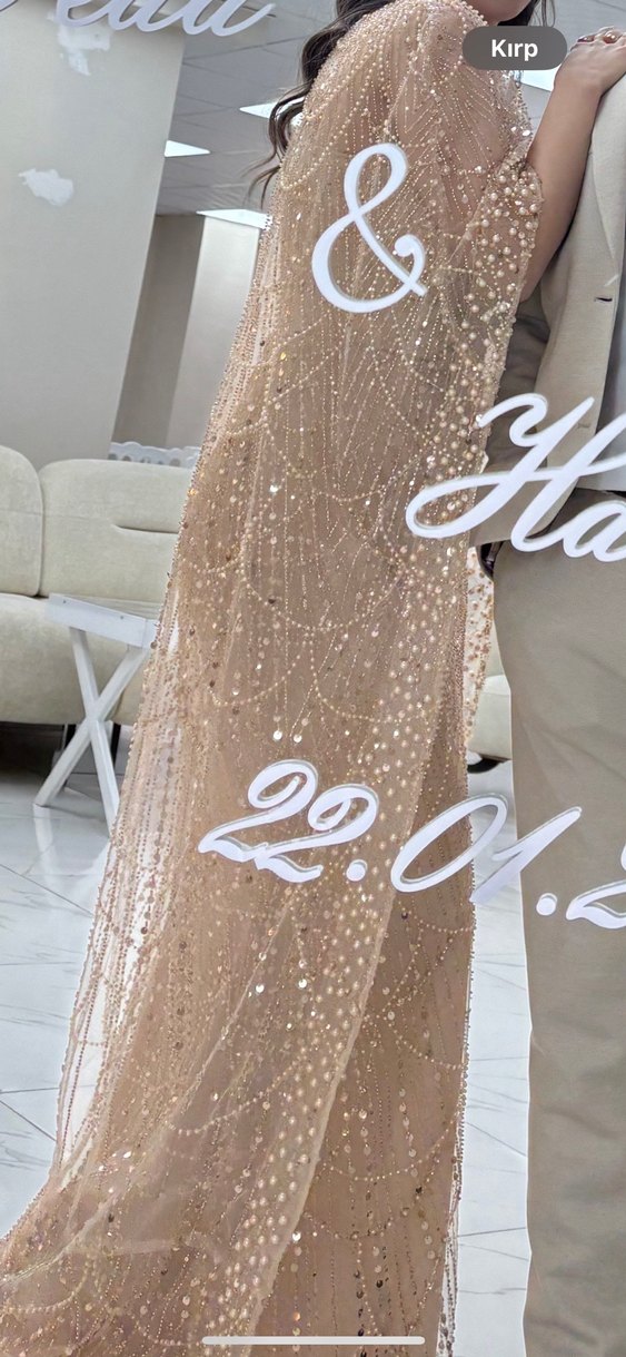 İnci İşlemeli pelerinli ten rengi Uzun Abiye Elbise - Görsel 2