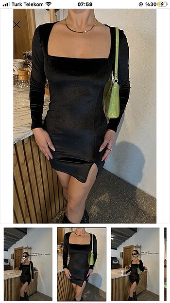 Zara Siyah kare yaka yırtmaçlı kadife elbise