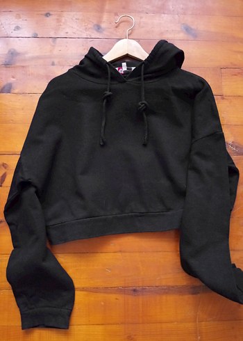 Siyah Kapüşonlu Uzun Kollu Crop (kısa) Sweatshirt - Görsel 4