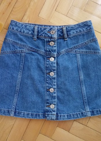 Düğmeli Mavi Denim Mini Etek