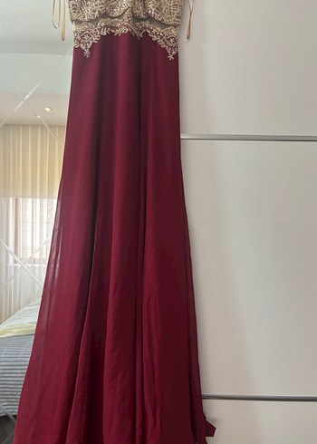 Diğer Bordo İşlemeli Uzun Abiye Elbise