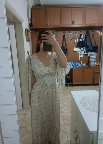 BSL Beyaz Bohem Uzun Elbise V Yakalı - Görsel 3